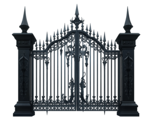 gothic style iron gate with pointed spikes and intricate designs, exuding mysterious and elegant aura. Perfect for enhancing any architectural setting