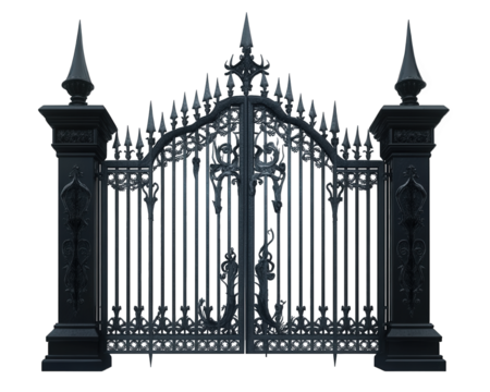 gothic style iron gate with pointed spikes and intricate designs, exuding mysterious and elegant aura. Perfect for enhancing any architectural setting