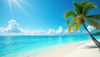 Lone palm, turquoise water, sun-drenched isle, image, island
