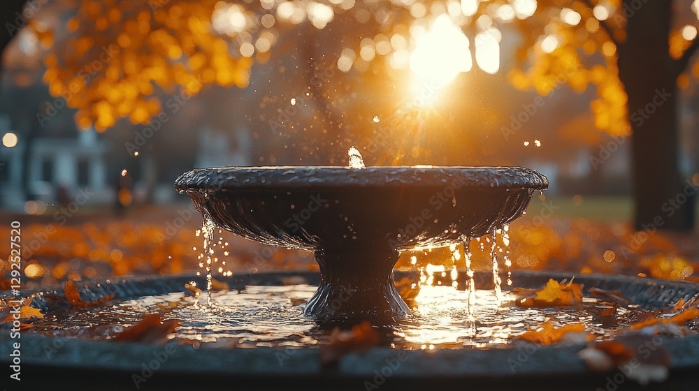 Wall mural Autumn park fountain spraying water