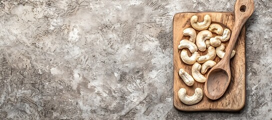 Cashews are arranged on a wooden cutting board alongside spoon