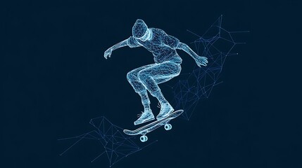 Wireframe Skateboarder: Dynamic 3D Render of an Air Trick AI Generated
