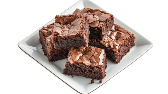 a plate of freshly baked brownies. showcasing their rich. fudgy texture and glossy top. arranged neatly on a white dish  delicious appeal of the brownies. making them an enticing treat for dessert lov