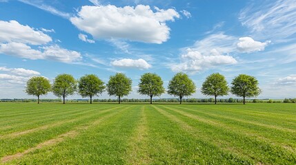 Seven Trees in a Row Across a Green Field Under a Blue Sky with Fluffy White Clouds
