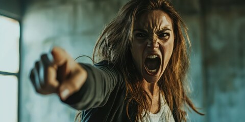 A woman yelling in a heated argument, pointing aggressively