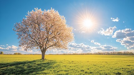 Single Blossom Tree in a Sunny Field