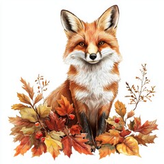 Fototapeta premium Beautiful fox surrounded by vibrant autumn leaves and flowers, showcasing the essence of nature and seasonal change