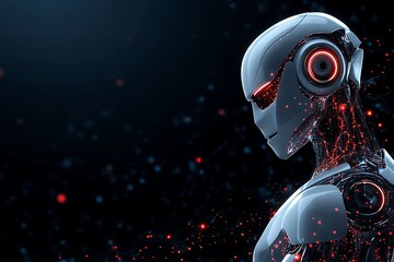 Futuristic robot with glowing red lights stares into darkness