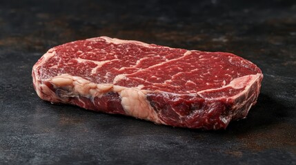 Fresh raw steak on dark metal surface.