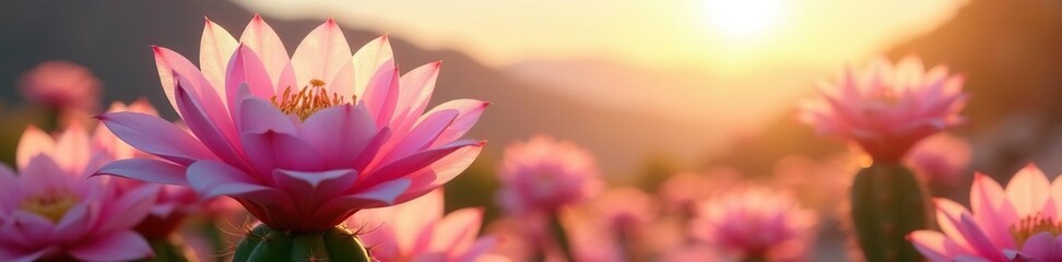 Fototapeta premium Pink and white hues of the Yimno cactus flower against a sunny background, bloom, blossom
