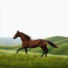 Majestic brown horse galloping gracefully across green meadow with rolling hills under bright blue sky, capturing natural beauty