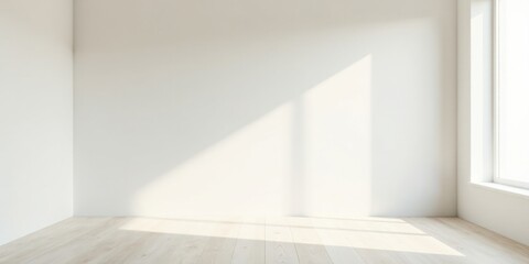 Fototapeta premium Sunlight Illuminates Empty Room Corner with Light Wood Floor and White Walls