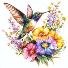 Obraz premium Colorful hummingbird hovering above vibrant flowers in a detailed botanical illustration with soft pastel tones