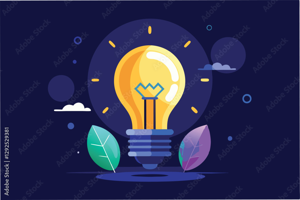 Aufkleber Bright light bulb illuminated with colorful leaves in a dark background creating a lively and creative atmosphere ideal for inspiration