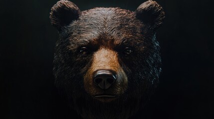 Close-up of a brown bear's head against a dark background, focused on the face with detailed fur texture.