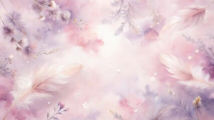 Serene Watercolor Background with Delicate Feathers and Pastel Floral Elements