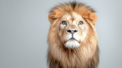 Obraz premium Majestic lion portrait, zoo setting, gray background, wildlife conservation