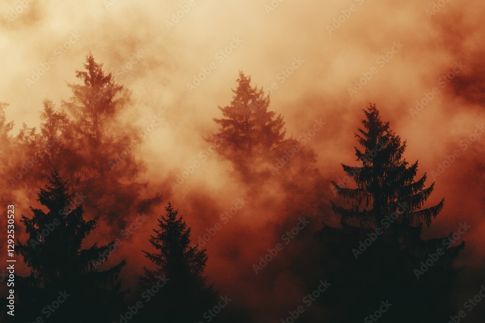 Poster forest engulfed in flames and smoke with vivid warm tones in the sky. generative ai