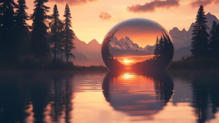 Sunset Serenity: A Spherical Reflection of Nature's Beauty over Tranquil Lake