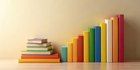 Colorful Books Arranged in Ascending Order Forming a Staircase Shape on a Wooden Surface Against a Neutral Background