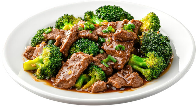 a delicious dish featuring tender pieces of beef stir-fried with vibrant broccoli in a savory sauce. presented on a white plate the dish is colorful and appealing. highlighting the combination of prot