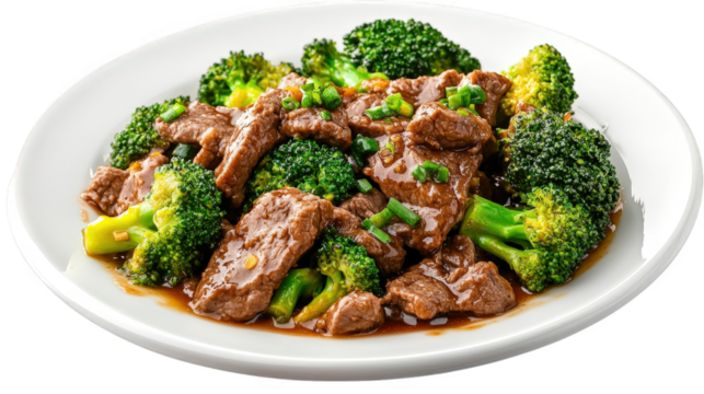 a delicious dish featuring tender pieces of beef stir-fried with vibrant broccoli in a savory sauce. presented on a white plate the dish is colorful and appealing. highlighting the combination of prot