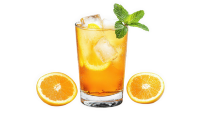 a refreshing beverage served in a glass with ice cubes and garnished with mint leaves. accompanied by two halved oranges a sense of relaxation and enjoyment. perfect for a warm day or social gathering