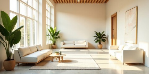 Serene Minimalist Living Room Interior Design with Natural Light and Lush Greenery