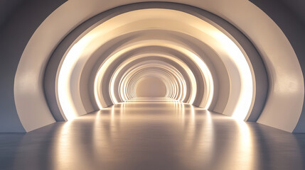 Obraz premium Red tunnel with round arches and light at end. Vector realistic illustration of long pipe corridor perspective, road inside futuristic hallway, modern art gallery design, abstract stage decoration