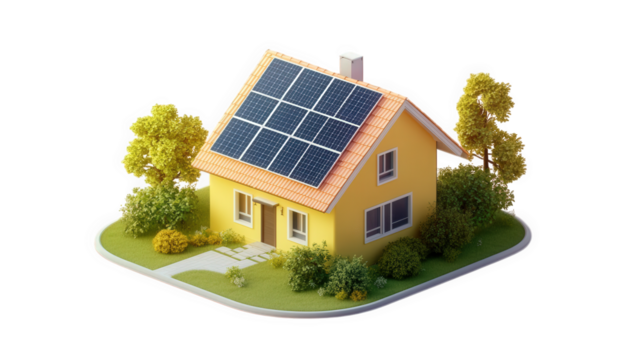 stylized. miniature yellow house with solar panels on the roof. surrounded by lush greenery and colorful plants. set against a soft gradient background it represents sustainable living and eco-friendl