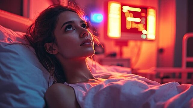 A Young Woman Resting in a Hospital Bed, Illuminated by Red Light