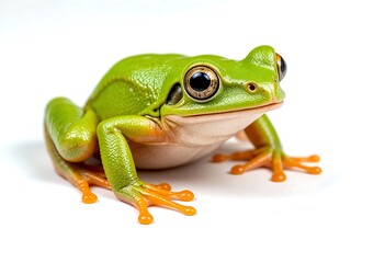 Obraz premium Vibrant green European tree frog with striking eyes clambering on a white background.