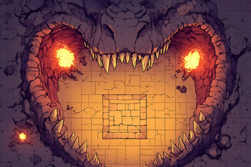 A Pixel Art Top-Down View of a Fantasy Battle Map Depicting a Fiery Monster Cave with Glowing Orange and Purple Details