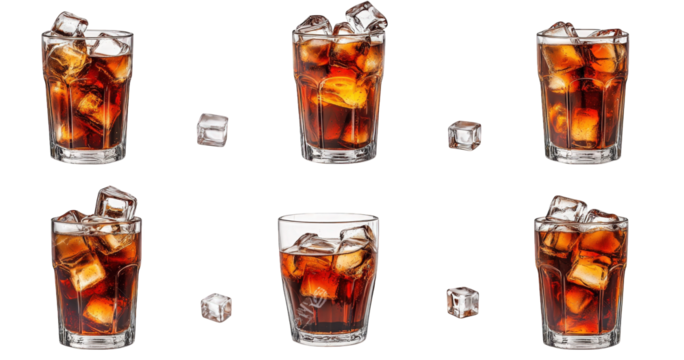 six glasses filled with a dark beverage. likely a cola. each containing ice cubes the glasses are arranged in a grid pattern. with some ice cubes scattered around. emphasizing the refreshing nature of