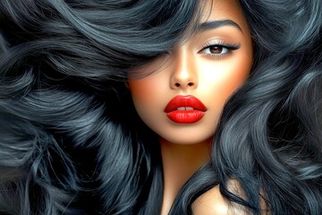 Fototapeta premium Commercial commercial idea. Pretty calm mixed-race girl - for ads, media and internet use. Long hairdo - gorgeous bush hair. Colored hair creative advertising. Long hair vibrant styles.