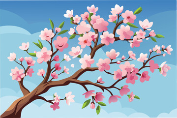 Beautiful cherry blossom branch with pink flowers against a clear blue sky during springtime