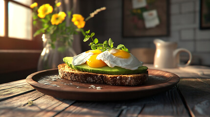 Gourmet avocado toast with poached eggs and chili flakes