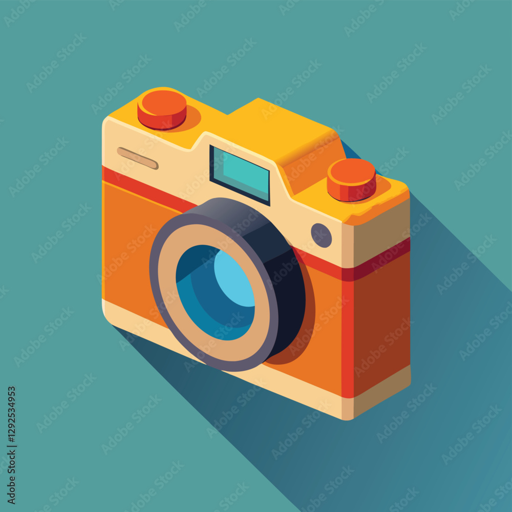 Poster colorful retro camera illustration with a modern design on a simple background, capturing the essenc