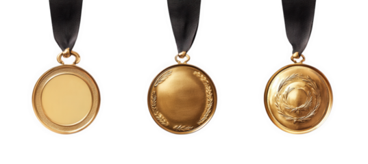 three gold medals. each with a different design the medals are suspended from black ribbons. showcasing their round shape and shiny surfaces. indicating achievement or recognition in various fields th
