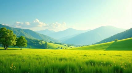 Obraz premium Serene Meadow Landscape Rolling Hills, Lush Green Fields, and Vibrant Springtime Scenery