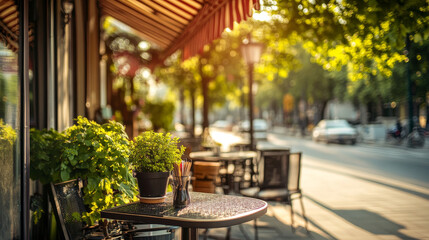 Obraz premium Outdoor cafe booth with table on street scene cartoon illustration. Outside restaurant in park and urban landscape. Cafeteria business with coffee and striped canopy exterior. Lounge area to drink and