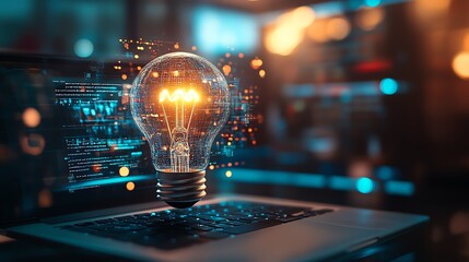 Floating illuminated light bulb over a laptop, surrounded by futuristic digital elements and technology symbols, reflecting innovation, business ideas, and startup culture