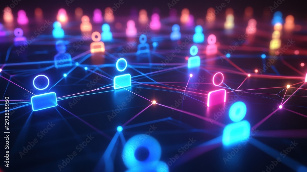 Aufkleber futuristic digital network showcasing vibrant 3d avatars interconnected with glowing neon lines in a