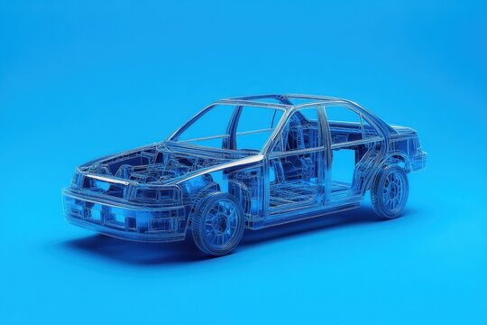 A Transparent Blue Car Showing Its Mechanical Framework Structure
