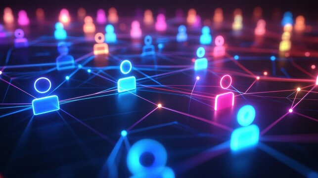 Futuristic digital network showcasing vibrant 3D avatars interconnected with glowing neon lines in an imaginative landscape. Generative AI