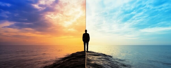 Splitting. A person stands at the edge of the ocean, contemplating life as the sky transitions from warm hues to cool tones.