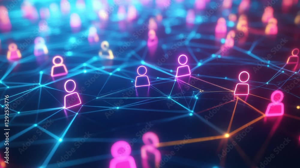 Fototapete futuristic digital network of colorful 3d avatars interconnected by glowing neon lines in a virtual 