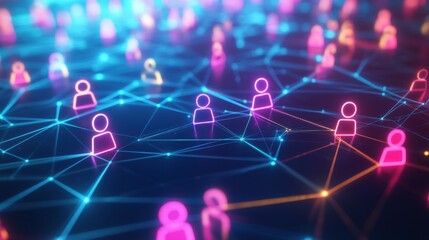 Futuristic digital network of colorful 3D avatars interconnected by glowing neon lines in a virtual environment. Generative AI