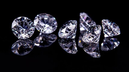 Several brilliant cut diamonds glistening on a glossy black surface