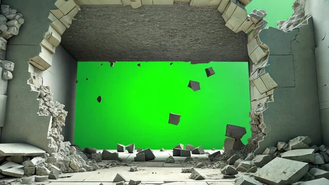 dinding tembok kokoh pecah di latar belakang hijau 